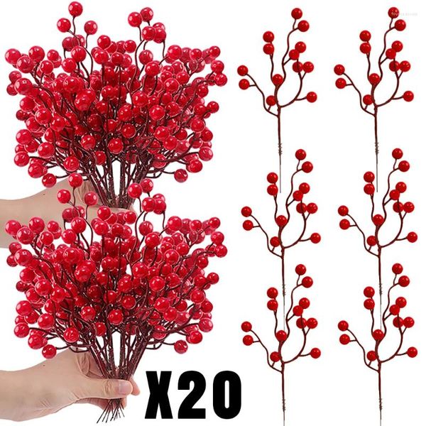 Flores decorativas 20/1 piezas de tallos de bayas rojas artificiales, ramas de bayas de acebo falsas, corona de Navidad DIY, accesorios para envolver regalos, decoración del hogar