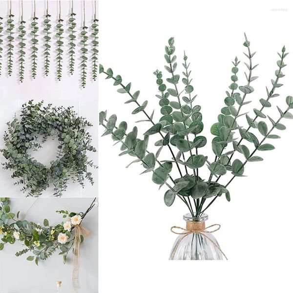 Flores decorativas 20 piezas 38 CM Hierbas artificiales Planta verde falsa Fiesta Pastel Decoración de mesa Paquetes de eucalipto para ramo de boda DIY