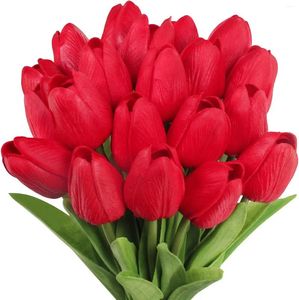 Fleurs décoratives 20 PCS Artificiel Red Tulip Faux Tiges Pu Real Touch S 13,7 