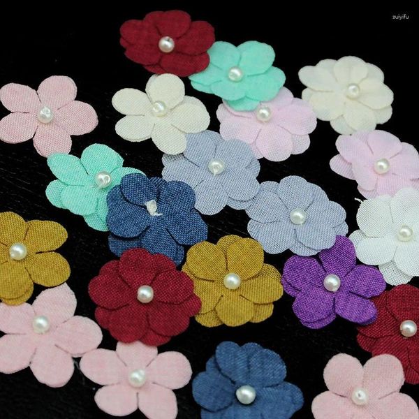 Flores decorativas (20 unidades por paquete), parche de flores de cinco pétalos de 25mm, tela de doble capa, perlas de colores mezclados, accesorios para el cabello para niños, vacaciones