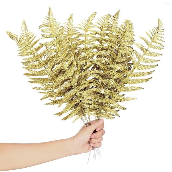 Flores decorativas de 20 piezas Planta artificial de Navidad 16.92 pulgadas Gold Silver Leaves Glitter Home Party Tree Diy