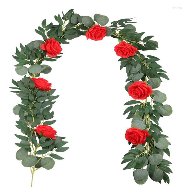 Fleurs décoratives 200 CM Rose Eucalyptus Rotin Feuilles D'argent Plante Pour La Fête De Mariage Décoration De Noël Suspendu Mur Soie Faux Vigne