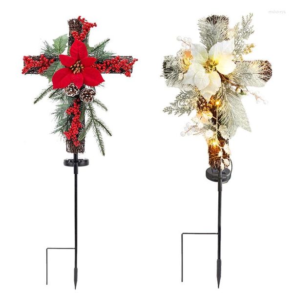 Flores decorativas 2022 Cruz de Navidad Estaca de flores Luz solar Enchufe de tierra Lámpara de noche Ornamento para la decoración del fondo del partido del festival