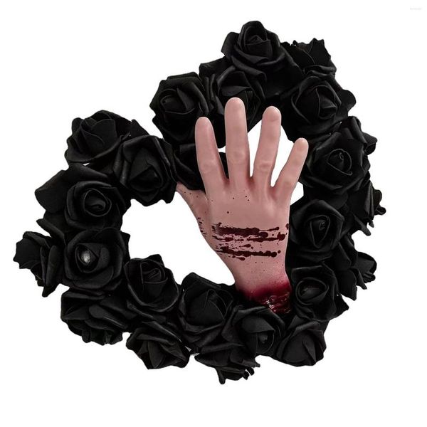 Fleurs décoratives 2022 Halloween décoration guirlande porte d'entrée décor noir guirlande de roses artificielles avec fausse main sanglante horreur pour la maison