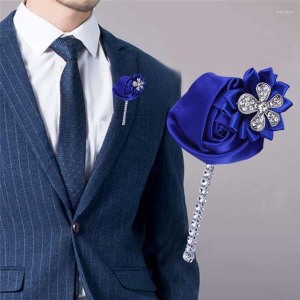 Flores decorativas 2022 hombres Boutonniere novio traje solapa Pin azul real cinta broche boda fiesta suministros accesorios XH110