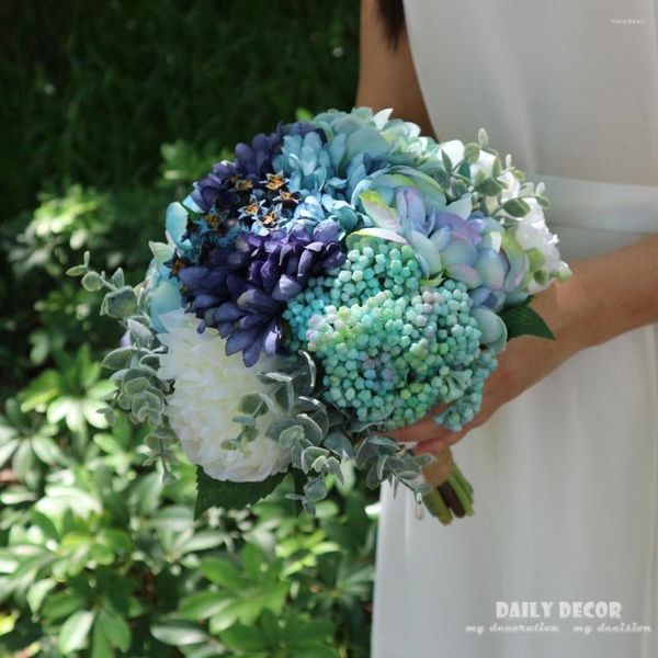 Fleurs Décoratives 2023 ! Bouquet de mariée de mariage de Rose artificielle Vintage de 24cm mariée tenant des Bouquets de mariée de couleur bleue