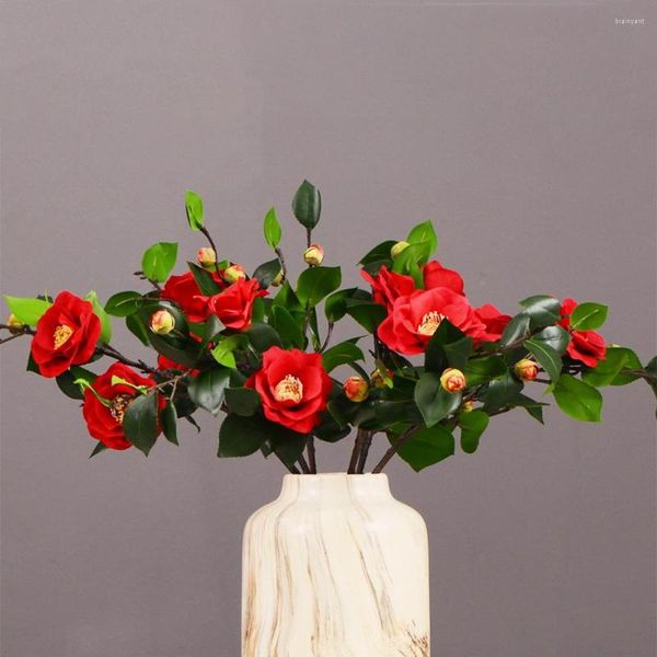 Flores decorativas 2023 6 piezas plantas de flores artificiales camelia de peony 59cm té de seda rosa faux planta verde bricol