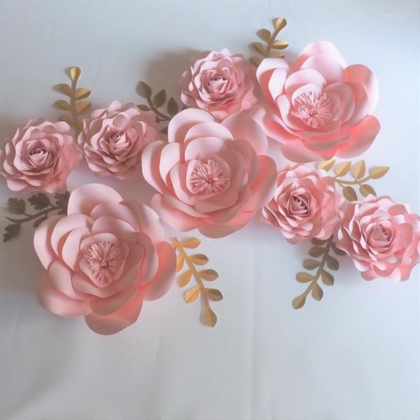 Flores decorativas 2023 Papel gigante rosa bebé 8 piezas Hojas 7 piezas para evento de boda Telón de fondo Vivero Flor artificial hecha a mano