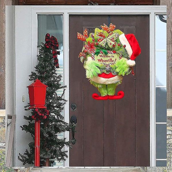 Flores decorativas 2023, corona de Navidad, guirnaldas para la puerta delantera del hogar, diseño de ladrón, decoración de Navidad, muñeco de peluche verde, coronas de Navidad