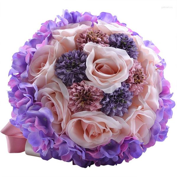 Flores decorativas 2023 Diseño D450 Ramo de boda para novias con mezcla de rosas artificiales y hortensias