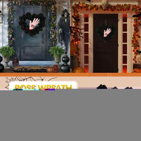 Fleurs décoratives 2023 Décoration Halloween Couronne de porte d'entrée décor de porte d'entrée noire Garlande rose artificielle avec fausse horreur sanglante pour la maison pour la maison