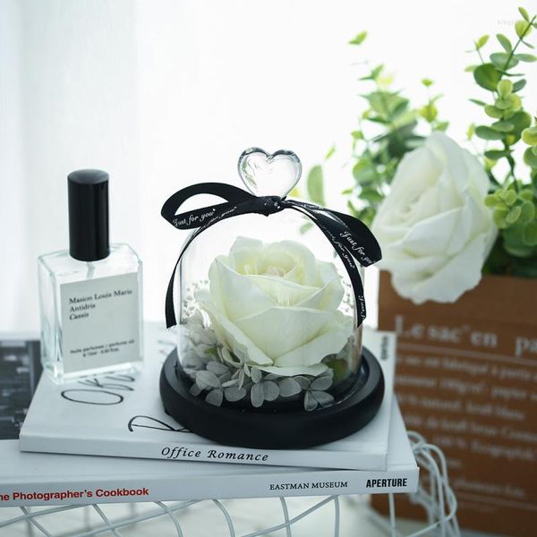Fleurs décoratives 2023 Décoration de couverture en verre de Love Rose avec éclairage de nuit romantique plantes artificielles modernes faux cadeaux de la Saint-Valentin