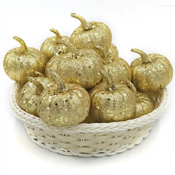 Flores decorativas 2024 12 piezas Glitter Golden Mini calabazas artificiales espuma pequeña Halloween falsa