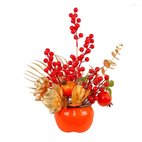 Flores decorativas 2024 Año chino Decoración del hogar Fruta de la fortuna roja Hoja de eucalipto dorado artificial Flor de adorno del festival de primavera