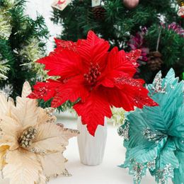 Decoratieve bloemen 20 cm kunstmatige bloemendecoratie glitter poinsettia nep diy hoofd kersthuis bruiloft ornament feestbenodigdheden