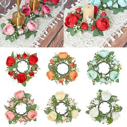 Decoratieve Bloemen 20CM Kandelaar Garland Krans Kunstmatige Rose Kaarshouder Bloemenring Home Party Bruiloft Tafeldecoratie