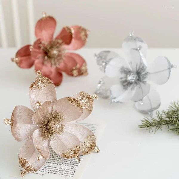 Fleurs décoratives 20cm, simulation de fleur de noël, Magnolia à paillettes, pendentifs suspendus pour arbre de noël, décor joyeux pour la maison