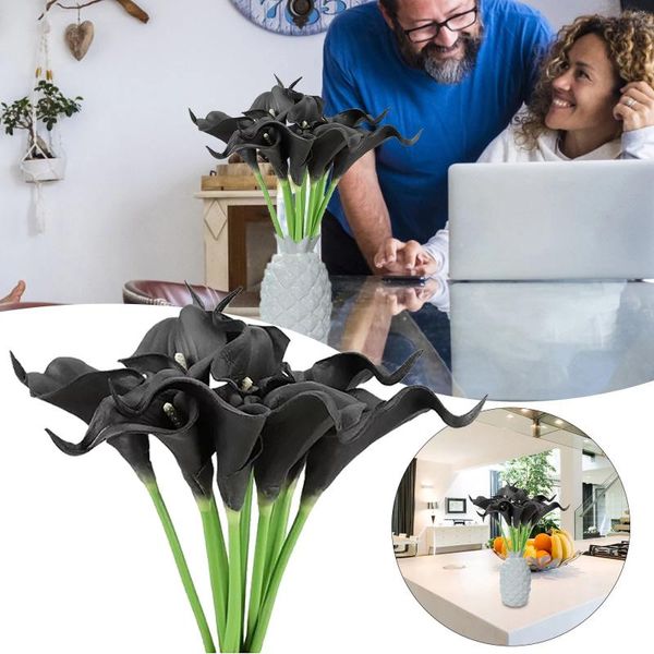 Flores decorativas 20 piezas PU Calla Lily simulación flor decoración de boda sensación artificial ramo de novia Coral negro