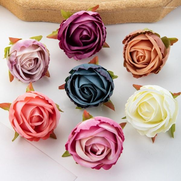 Fleurs décoratives 20 pièces 4.5cm Simulation de Rose artificielle rétro tête de bord brûlé bricolage matériel fait à la main boîte-cadeau décoration de mariage