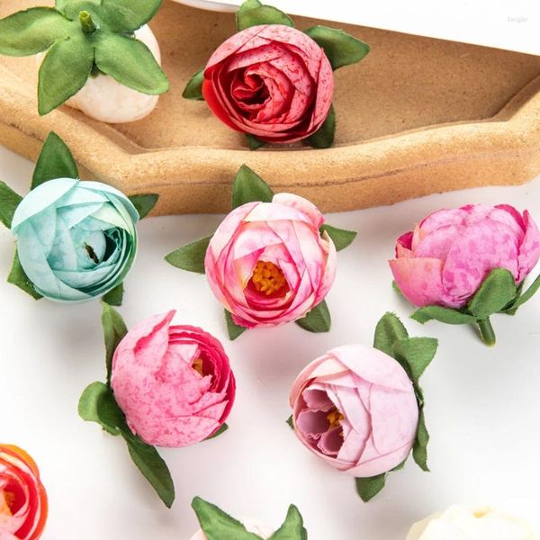 Flores decorativas 20 piezas 4 cm Artificial Diy Scrapbooking decoración del hogar boda nupcial Navidad caja de dulces artesanía té de seda capullo de rosa