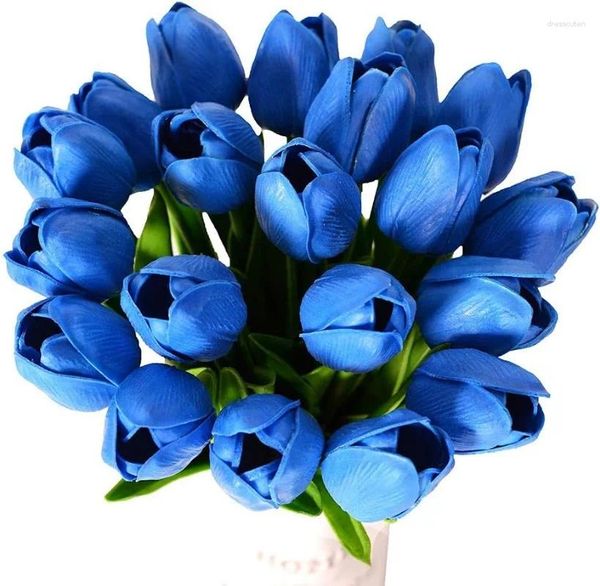 Flores decorativas 20 piezas tulipanes artificiales azules tacto real ramo de látex de tulipán falso para la decoración del hogar del banquete de boda