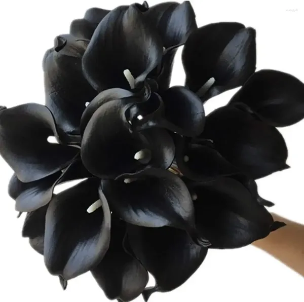 Flores decorativas 20 piezas Mini calas negras artificiales de tacto real lirio de cala vida como flor para ramo de boda (negro)