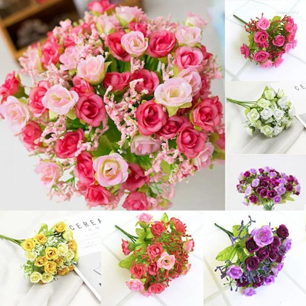 Fleurs décoratives 21 têtes Simulation Rose soie fleur Bouquet mariage mariée tenant maison Vase faux accessoires graphiques