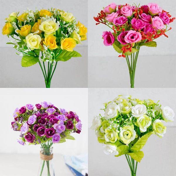 Fleurs décoratives 21 têtes/bouquet soie Mini Rose Bouquet de fleurs artificielles pour mariage décoration de la maison fête Brithiday décor