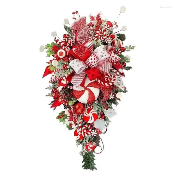 Fleurs décoratives 21 pouces Swag Rouge et blanc Round Mur Christmas Candy Cane à l'envers Couronnes d'arbres pour le décor de jardin à la maison en plein air