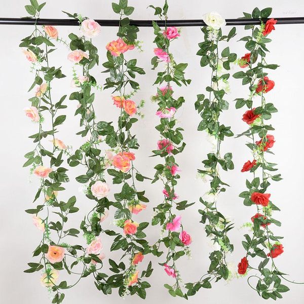 Fleurs décoratives 220CM Rose soie artificielle lierre vignes guirlande verte pour mariage maison jardin déco arc tenture murale rotin