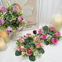 Fleurs décoratives 22CM Anneaux de bougies Couronne de chandelier Rose artificielle européenne Décoration de Noël Accessoires de fenêtre Arrangement de mariage de table
