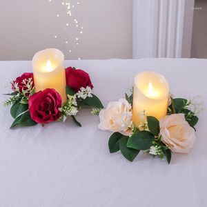 Fleurs décoratives 23 cm couronne de fleurs artificielles bougeoir guirlande de roses chandelier fausse feuille de plante décorations d'anneau de table de fête de mariage