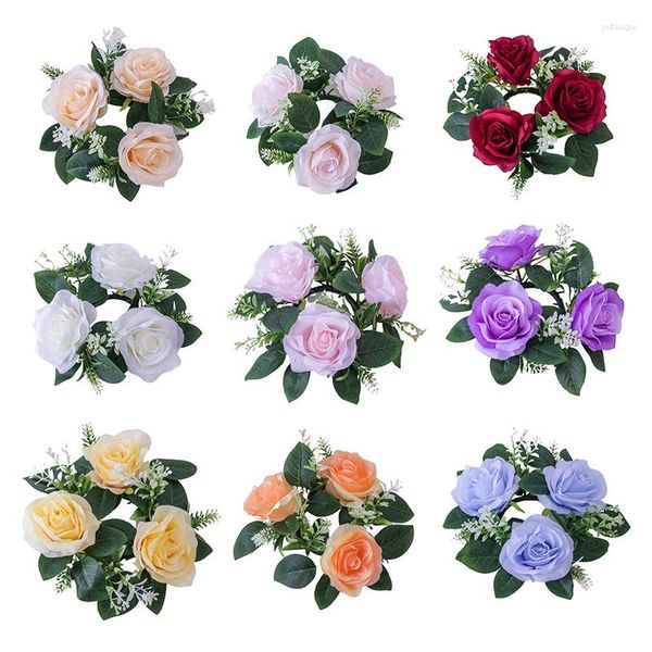 Flores decorativas 23 cm Rosa artificial Guirnalda de flores Candelabro Guirnalda Planta falsa Anillo de vela Banquete de boda Centros de mesa Decoración de mesa