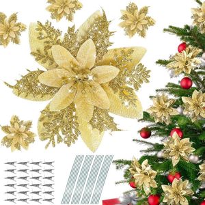 Fleurs décoratives 24 pièces Poinsettia argenté artificiel 14 cm/5,5 pouces décorations d'arbre de noël blanc F