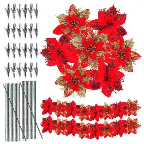 Flores decorativas 24 PC NAVIDAD VERDE CONCENA CONCENACIÓN ACCESI con clips de flores artificiales Artesanías Decoraciones de árboles Poinsettia Pole