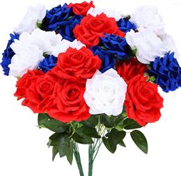Fleurs décoratives 24 tiges Artificial Cemetery Memorial -12 Heads Patriotic Rose Bouquet 2 Bundles Fakatinns 4ème de Jwhite Bleu