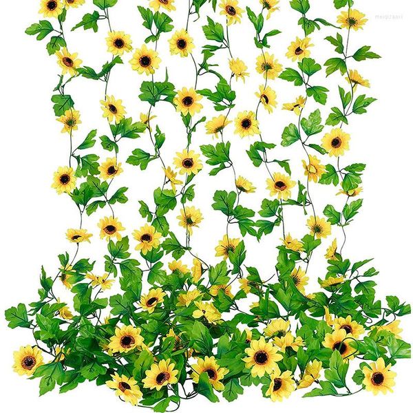 Fleurs Décoratives 240 Cm Fleur Artificielle Jaune Soie Tournesol Rotin Tenture Murale Faux Plante Guirlande De Lierre Feuilles De Vigne Festive Home Party