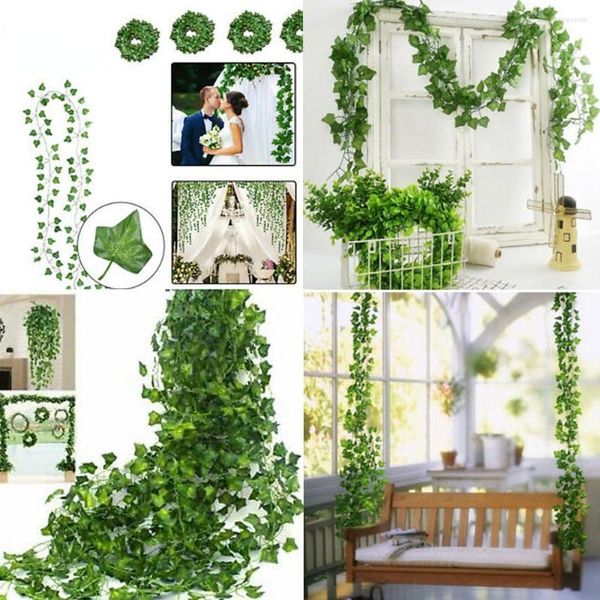 Flores decorativas 240 cm Seda verde Artificial Colgante Hoja de hiedra Guirnalda Plantas Vid Hojas de uva Vides falsas para decoración de pared