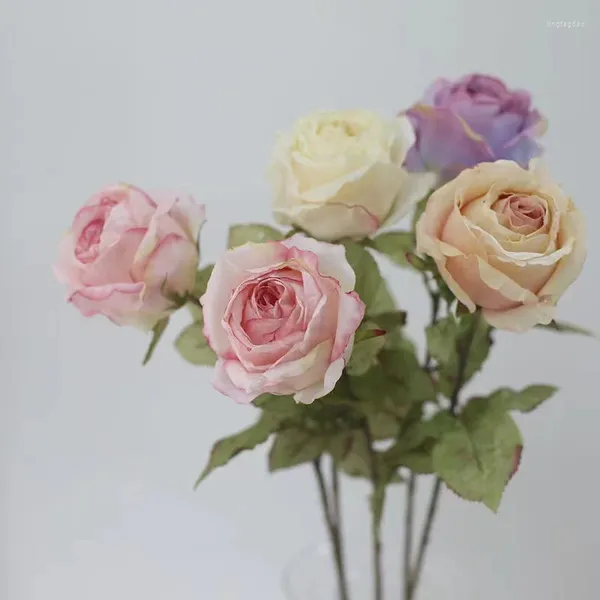Fleurs décoratives 24 pouces roses artificielles à bord brûlé décorations de noël fausse soie blanche avec tige cadeau floral fête de mariage décor à la maison