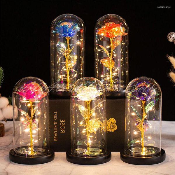 Flores decorativas Flor de lámina de oro de 24 quilates LED Galaxia encantada Rosa eterna Regalo del día de San Valentín para novias Regalos para madres Decoraciones para el hogar