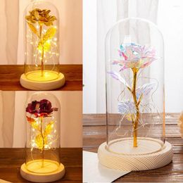 Fleurs décoratives Feuille d'or 24K Rose Fleur avec lumières plaquées dans un dôme en verre 20LED 2M String sur socle en bois