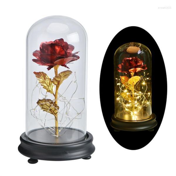 Fleurs décoratives en feuille d'or 24k, couvercle en verre de Rose, fleur LED ronde, cadeau de mariage, de saint-valentin, de noël