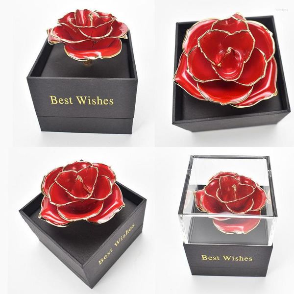 Fleurs décoratives 24K Plaqué Or Rose Boîte à Bijoux Avec Couvercle Transparent Pour Anniversaire Petite Amie Amour Cadeau Fête Des Mères