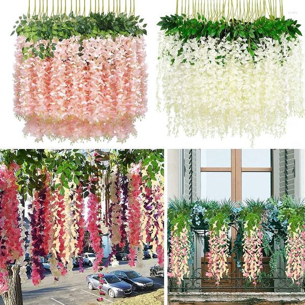 Fleurs décoratives 24 pièces glycines artificielles Bouquet de mariage suspendu guirlande fausse vigne décoration de fête de jardin décor de noël