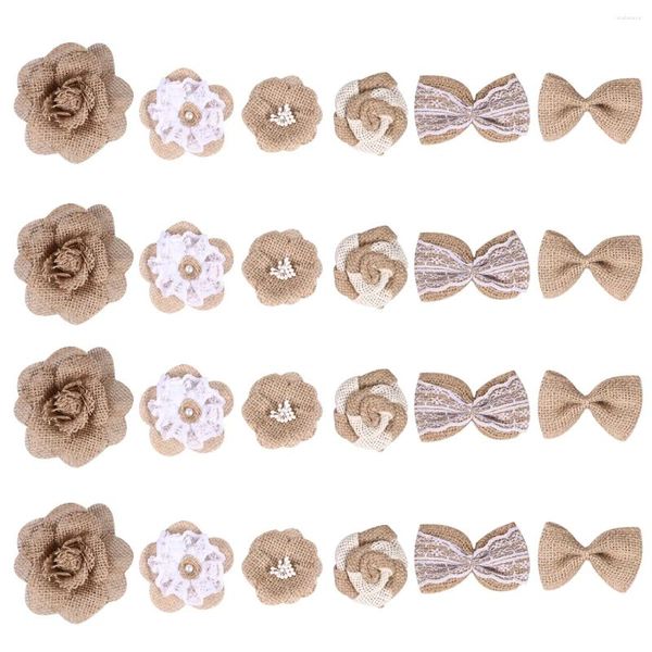 Fleurs décoratives 24pcs Burlap naturel mini lin linkknot ruban dentelle fleur ornement ornement pour l'artisanat de bricolage décoration de Noël