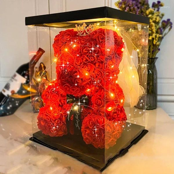 Ours en roses artificielles décoratives, 25/40CM, avec boîte lumineuse, pour maman, petite amie, cadeau d'anniversaire, de saint-valentin