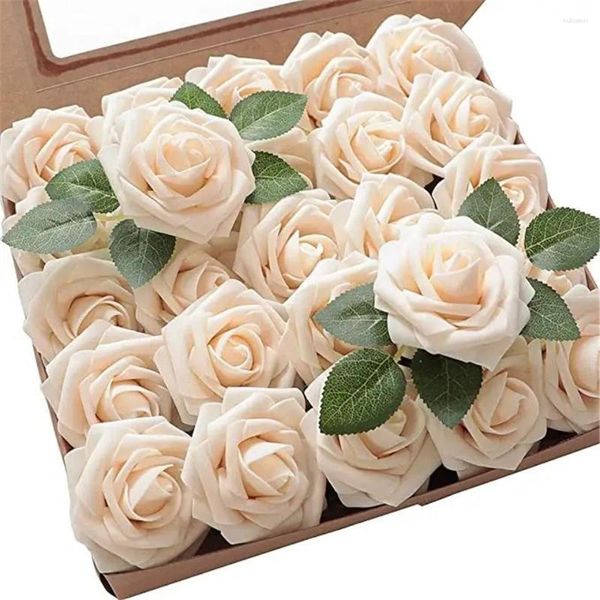 Flores decorativas 25 cabezas de rosas artificiales de espuma de PE, ramo de flores falsas, caja de regalo, accesorios de decoración del hogar para fiesta de boda DIY