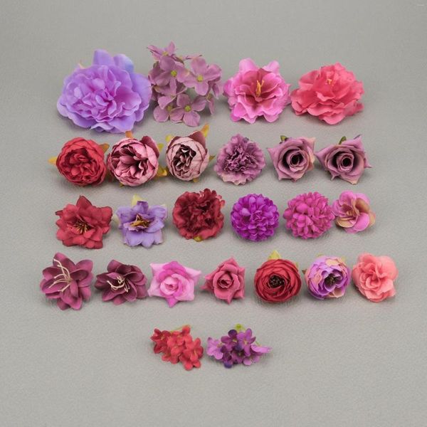 Flores decorativas, 25/paquete, cabezas de flores de seda artificiales moradas, conjunto combinado a granel, artesanía DIY, rosa falsa, peonía roja para decoración de horquillas