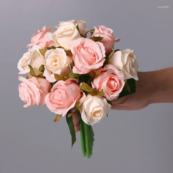 Fleurs décoratives 25 cm 12 pcs/lot soie Rose artificielle Champagne Rose Bouquet de mariage faux pour la décoration de fête à la maison accessoire cadeau