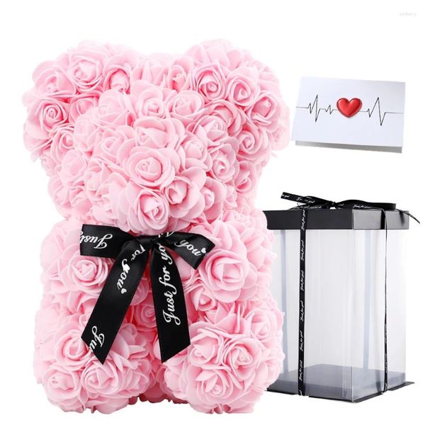 Flores decorativas Oso rosa de 25 cm con caja de peluche artificial para cumpleaños, aniversario, día de la madre, regalo de San Valentín, decoración del hogar